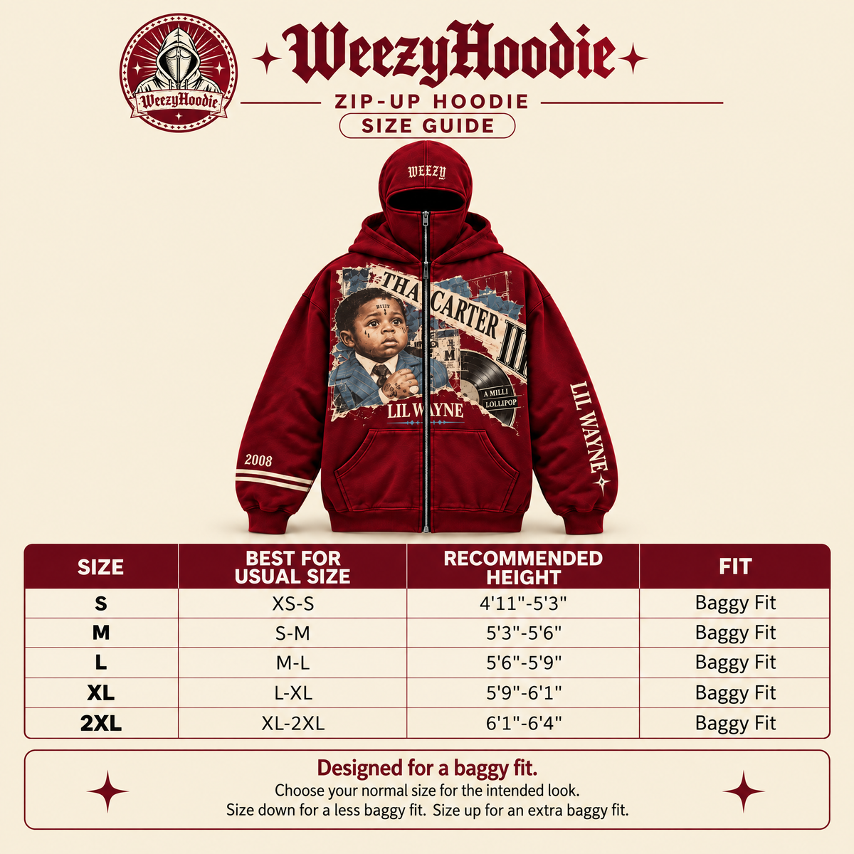 Weezy Full Zip Balaclava Hoodie size guide